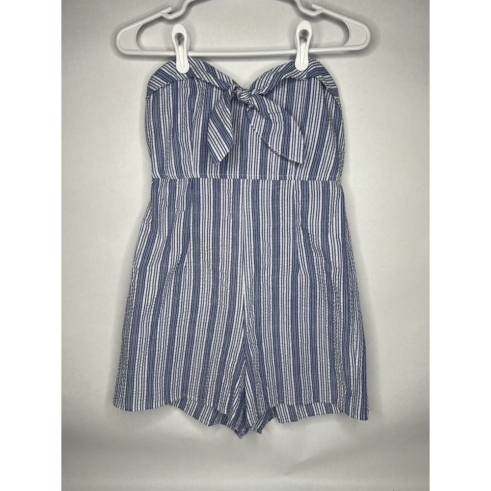 Charlotte Russe Womens XS White Blue Romper Strapless Bow Sailor Seersucker Navy